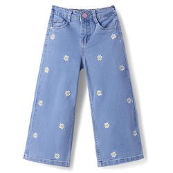 Babyhug Full Length Washed Denim Jeans with Floral Embroidery & Stretch - Light Blue