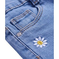 Babyhug Full Length Washed Denim Jeans with Floral Embroidery & Stretch - Light Blue