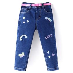 Babyhug Denim Washed Full Length Jeans with Stretch Heart print & Text Embroidered - Blue