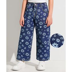Babyhug Denim Full Length Stretch Jeans With Floral Print - Blue