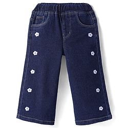 Babyhug Full Length Washed Denim Jeans With Stretch & Floral Embroidery - Navy Blue
