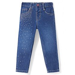 Babyhug Denim Full Length Solid Jeans with Beads Detailing - Blue