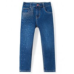 Babyhug Denim Full Length Solid Jeans with Beads Detailing - Blue