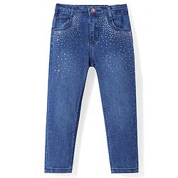 Babyhug Denim Full Length Solid Jeans with Beads Detailing - Blue