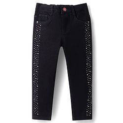 Babyhug Full Length Washed Denim Jeans With Glitter Print & Stretch - Black