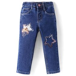 Babyhug Full Length Washed Denim Jeans With Sequin Detailing & Stretch - Blue