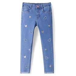Babyhug Full Length Washed Denim Jeans with Hearts Embroidery & Stretch - Blue