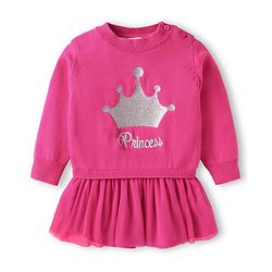 Babyhug Knitted Overlapped Woollen Dress with Text Embroidery - Dark Pink