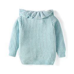 Babyhug Knit Full Sleeves Front Open Sweater With Frill & Sequinned Floral Design with Pockets- Light Blue