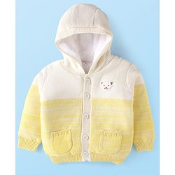 Babyhug Knitted Full Sleeves Hooded Front Open Sweater With Animal Patch - White