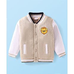 Babyhug Knit Full Sleeves Sweater with Lion Embroidery - White & Beige