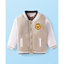 Babyhug Knit Full Sleeves Sweater with Lion Embroidery - White & Beige