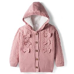 Babyhug Knitted Full Sleeves Front Open Hooded Sweater with Bow Applique & Cable Knit Design - Pink