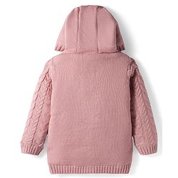 Babyhug Knitted Full Sleeves Front Open Hooded Sweater with Bow Applique & Cable Knit Design - Pink