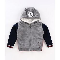 Babyhug Knitted Full Sleeves Front Open Hooded Sweater With Dino Applique - Charcoal Grey