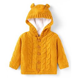 Babyhug Knitted Full Sleeves Front Open Solid Colour Hooded Sweater With Cable Knit Design & Ear Applique - Mustard