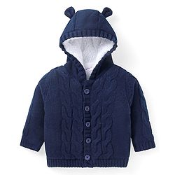 Babyhug Knitted Full Sleeves Front Open Solid Colour Hooded Sweater With Cable Knit Design & Ear Applique - Mustard