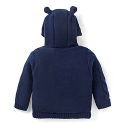 Babyhug Knitted Full Sleeves Front Open Solid Colour Hooded Sweater With Cable Knit Design & Ear Applique - Mustard