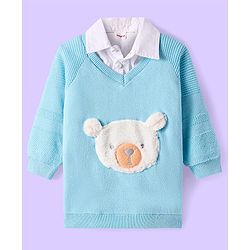 Babyhug Knit Full Raglan Sleeves Overlapped Polo Sweatshirt with Bear Patch Detailing - Light Blue