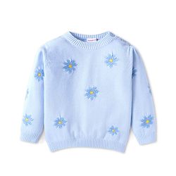 Babyhug Knit Full Sleeves Floral Embroidery Sweater - Light Blue