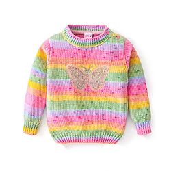 Babyhug Knitted Full Sleeves Pullover Sweater with Stripes Design & Sequin Butterfly Embroidery - Pink