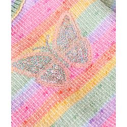 Babyhug Knitted Full Sleeves Pullover Sweater with Stripes Design & Sequin Butterfly Embroidery - Pink