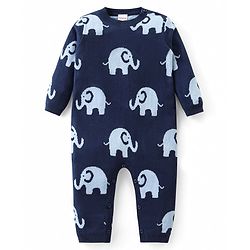 Babyhug Cotton Woven Full Sleeves Winter Romper Elephant Print - Navy Blue