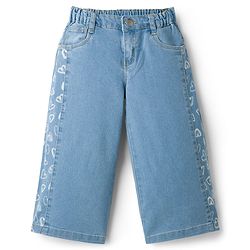 Babyhug Denim Full Length Washed Jeans With Stretch & Heart Print - Blue