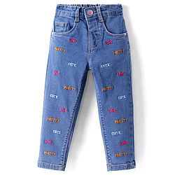 Babyhug Full Length Washed Denim Jeans With Text Embroidery & Stretch - Blue