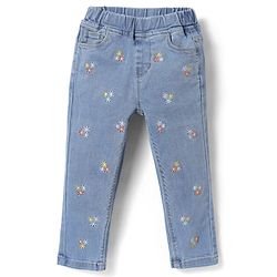 Babyhug Full Length Washed Denim Jeans with Stretch & Floral Embroidery - Light Blue