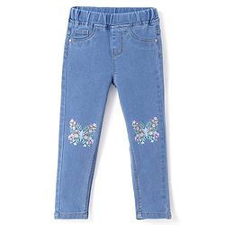 Babyhug Woven Full Length Washed Denim Jeans With Stretch & Floral Embroidery - Blue