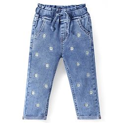 Babyhug Denim Full Length with Stretch Jeans Floral Embroidery - Blue