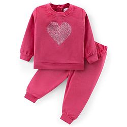 Babyhug Velour Woven Full Sleeves Winter Wear Suit With Heart Print - Fuchsia
