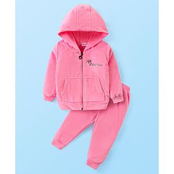 Babyhug Velour Woven Full Sleeves Hooded Front Zipper Winter Wear Suit With Text Print - Light Pink