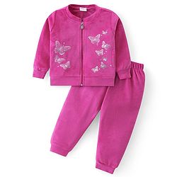 Babyhug Woven Full Sleeves Front Zipper Winter Wear Suit With Butterflies Print - Fuchsia
