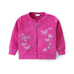 Babyhug Woven Full Sleeves Front Zipper Winter Wear Suit With Butterflies Print - Fuchsia