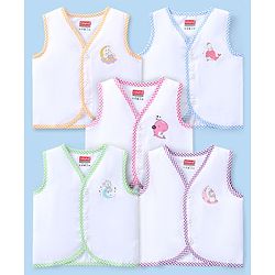 Babyhug Interlock Knit Sleeveless Front Open Vests With Animal Print Pack of 5 - White