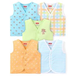 Babyhug 100% Cotton Woven Sleeveless Front Open Jhablas With Stripes & Animal Prints Pack of 5 - Multicolour