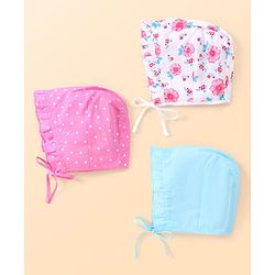 Babyhug 100% Cotton Woven Caps with Solid Polka Dots & Floral Print Pack of 3 - Blue Pink & White