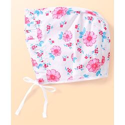 Babyhug 100% Cotton Woven Caps with Solid Polka Dots & Floral Print Pack of 3 - Blue Pink & White