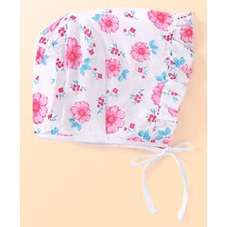 Babyhug 100% Cotton Woven Caps with Solid Polka Dots & Floral Print Pack of 3 - Blue Pink & White