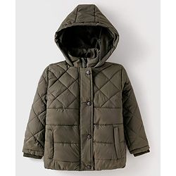 Babyhug Woven Full Sleeves Solid Color Hooded Padded Jacket - Olive Green