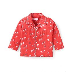 Babyhug Cotton Woven Full Sleeves Front Open Night Suit With Animal Print - Red