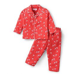 Babyhug Cotton Woven Full Sleeves Front Open Night Suit With Animal Print - Red