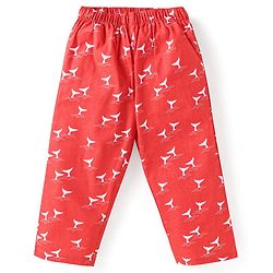 Babyhug Cotton Woven Full Sleeves Front Open Night Suit With Animal Print - Red