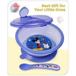 Babyhug Disney Mickey Mouse Designed Suction Bowl with Lid & Spoon Blue  - 300 ml