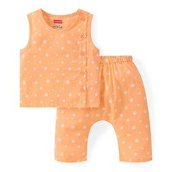 Babyhug Cambric Woven Sleeveless Side Open Innerwear Set With Paw Print - Orange