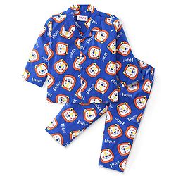 Babyhug Cotton Woven Full Sleeves Front Open Night Suit with Lion Print - Blue