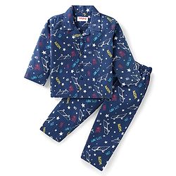Babyhug Cotton Knit Full Sleeves Text & Skateboard Printed Night Suit - Navy Blue