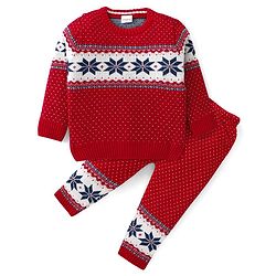Babyhug Knit Full Sleeves Sweater Set with Aztec Design - Red